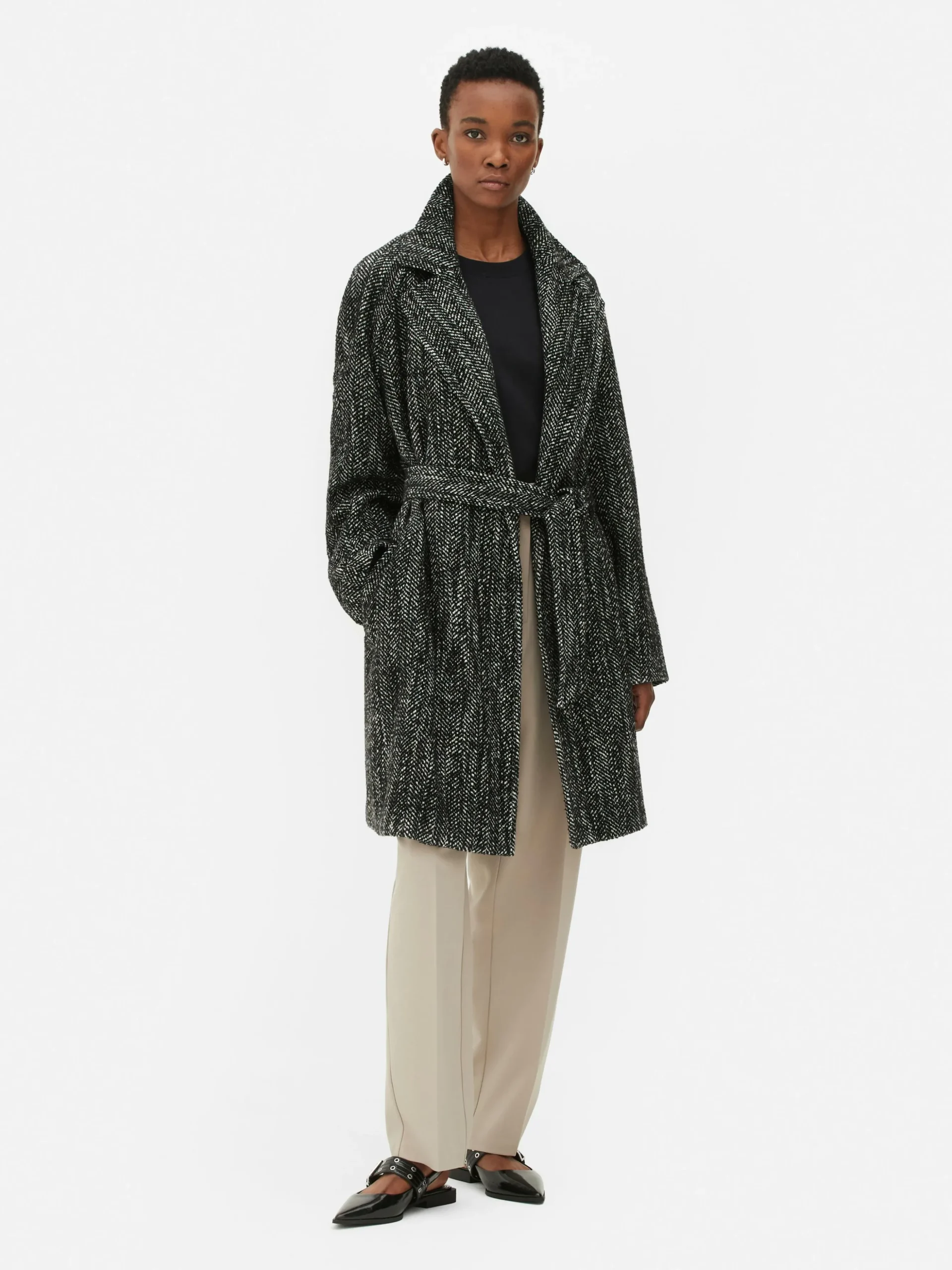 Abrigo De Tejido De Espiga Con Cinturón