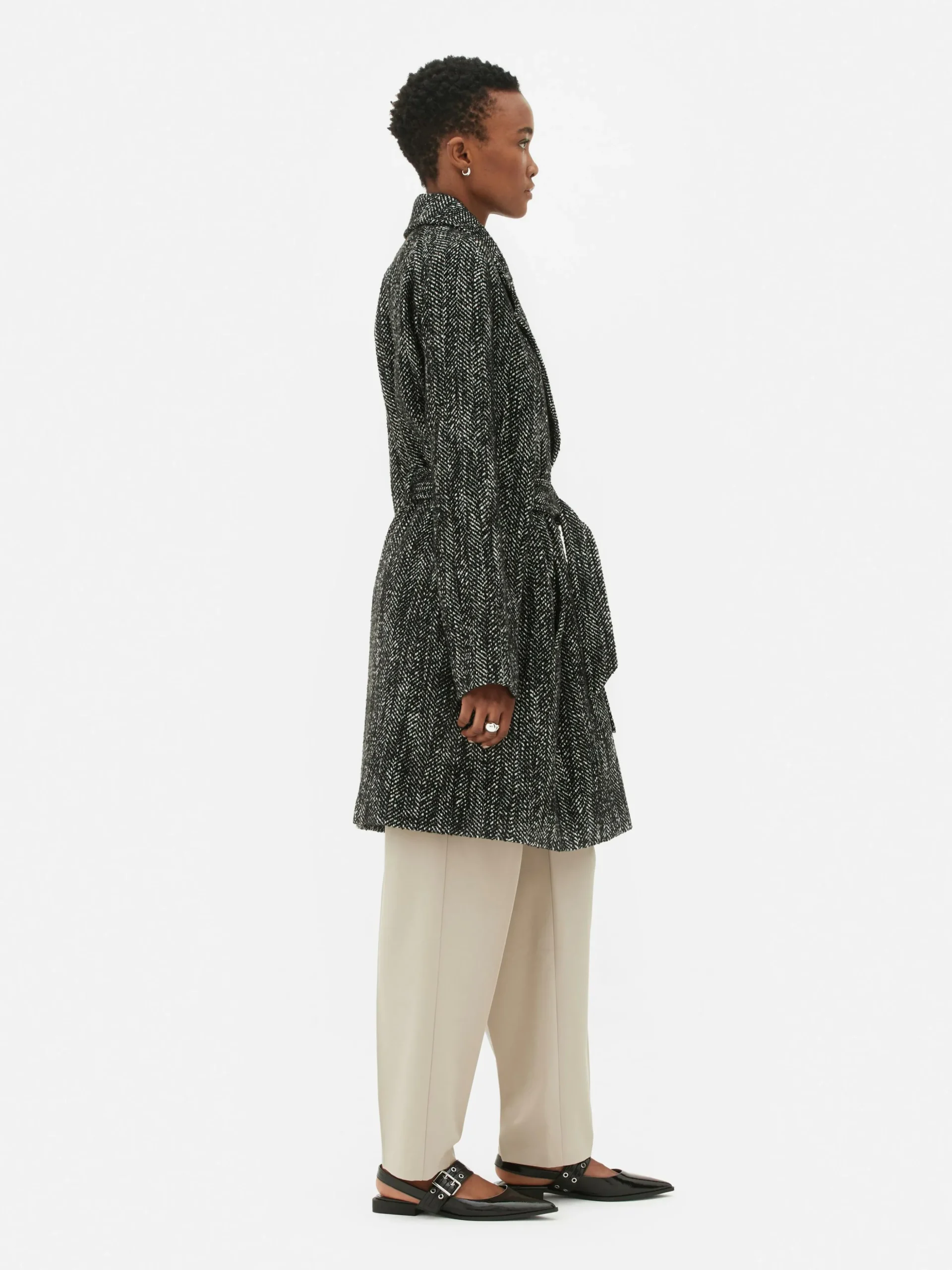 Abrigo De Tejido De Espiga Con Cinturón