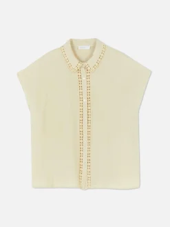 Blusa De Manga Corta Con Ribetes De Ganchillo