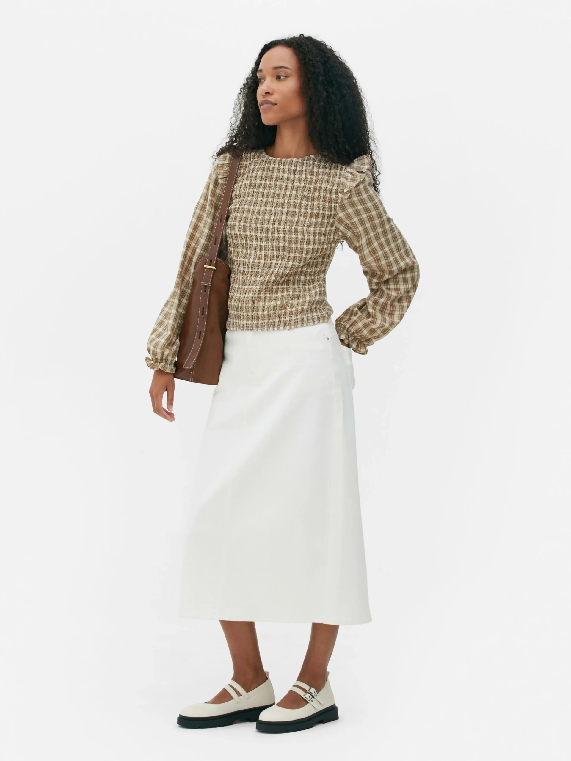 Blusa Fruncida De Cuadros De Manga Larga