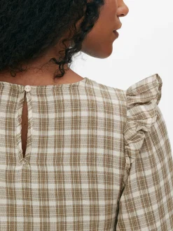 Blusa Fruncida De Cuadros De Manga Larga