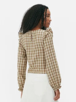 Blusa Fruncida De Cuadros De Manga Larga