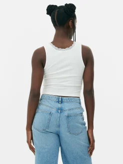 Camiseta Sin Mangas Acanalada Con Ribetes De Encaje