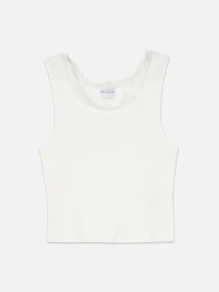 Camiseta Sin Mangas Acanalada Con Ribetes De Encaje