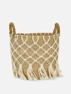 Cesta De Cuerda Tejida Con Detalle De Ganchillo