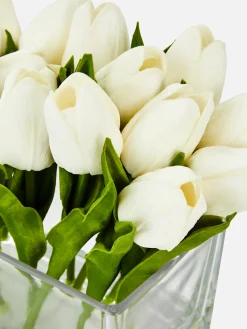 Tulipanes Artificiales En Jarrón De Vidrio Rectangular