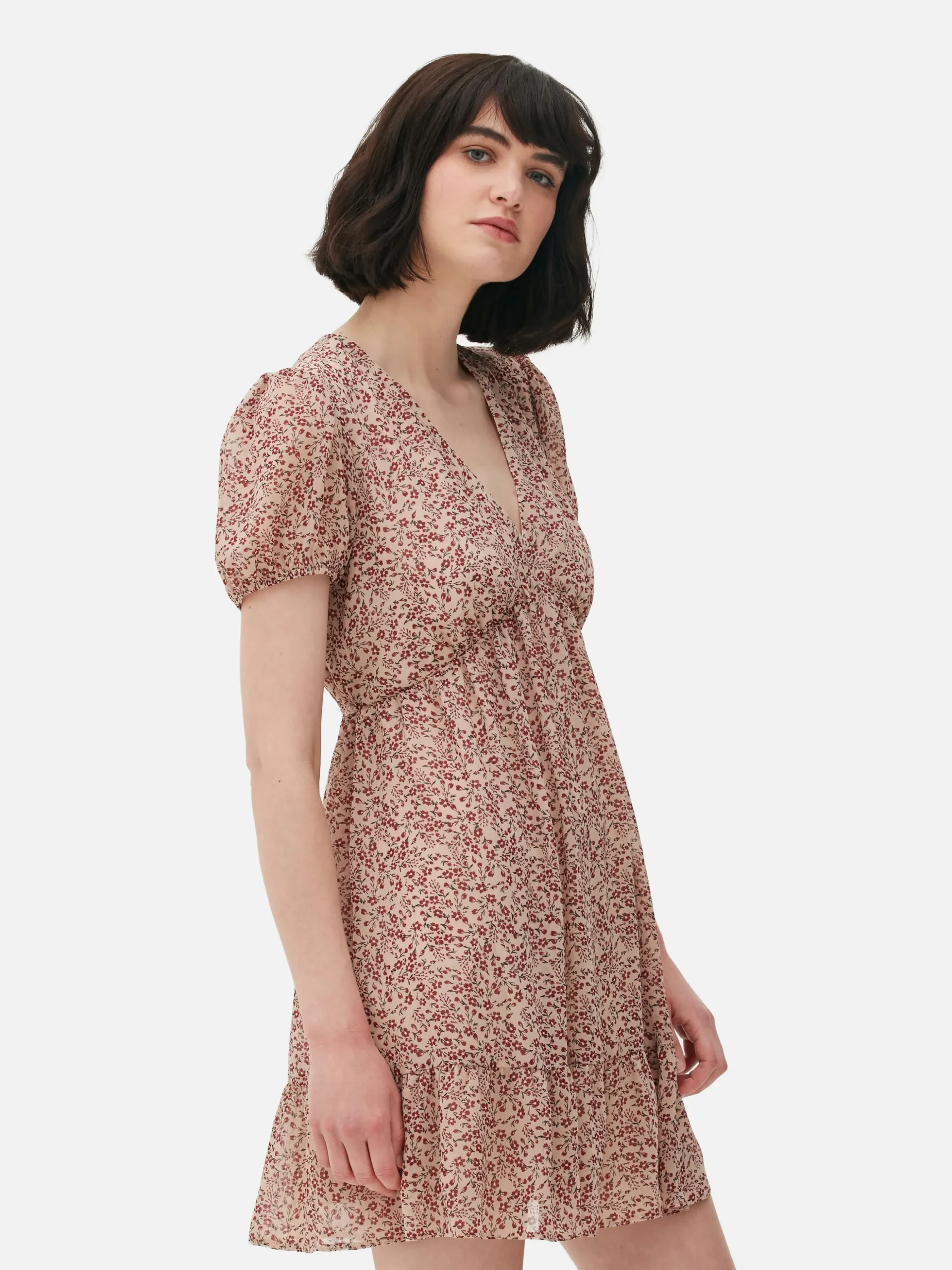 Vestido Corto De Gasa Con Mangas Abullonadas