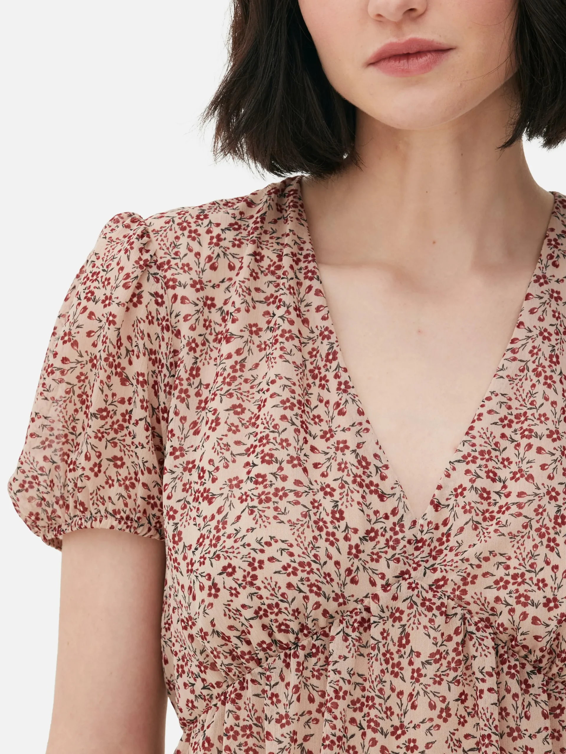 Vestido Corto De Gasa Con Mangas Abullonadas