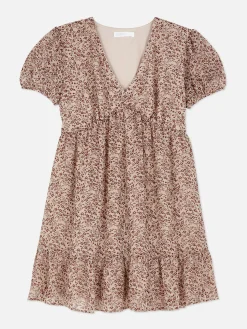 Vestido Corto De Gasa Con Mangas Abullonadas