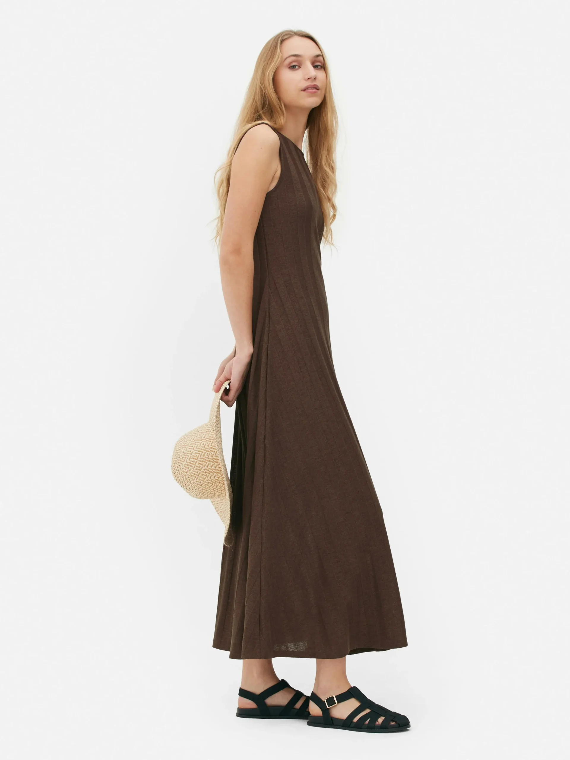 Vestido Largo Texturizado A Rayas Sin Mangas