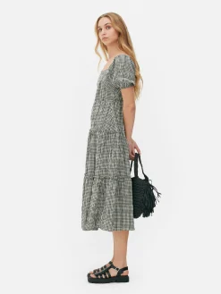 Vestido Midi De Cuadros Vichy Con Capas