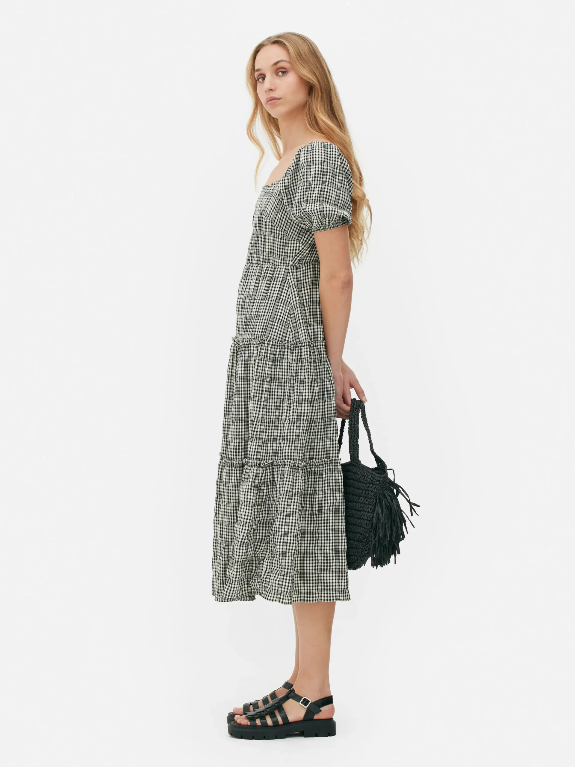 Vestido Midi De Cuadros Vichy Con Capas