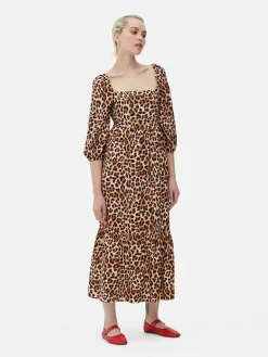 Vestido Midi De Leopardo Con Escote Cuadrado