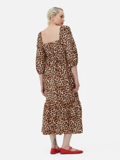 Vestido Midi De Leopardo Con Escote Cuadrado