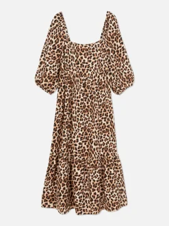 Vestido Midi De Leopardo Con Escote Cuadrado